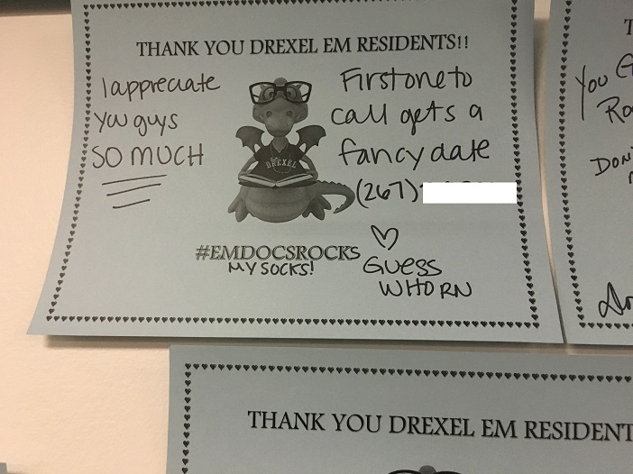 Nothing says "appreciation" like a fancy mystery date, found on Drexel's wall of appreciation for residents.