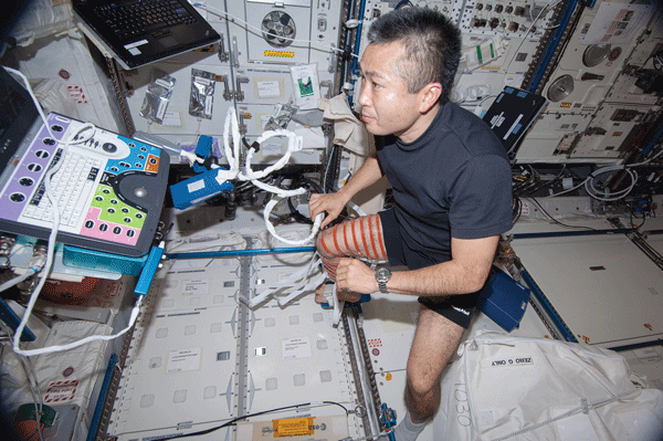 Japanese astronaut Koichi Wakata performs an ultrasound scan using the Human Research Facility (HRF) Ultrasound2 on Expedition 38.