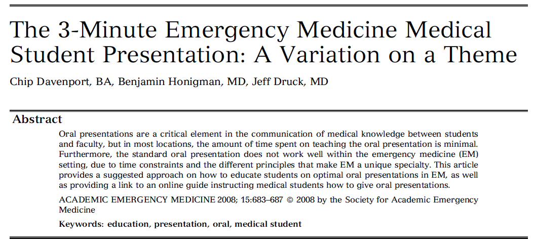 3 minute presentation emergency medicine